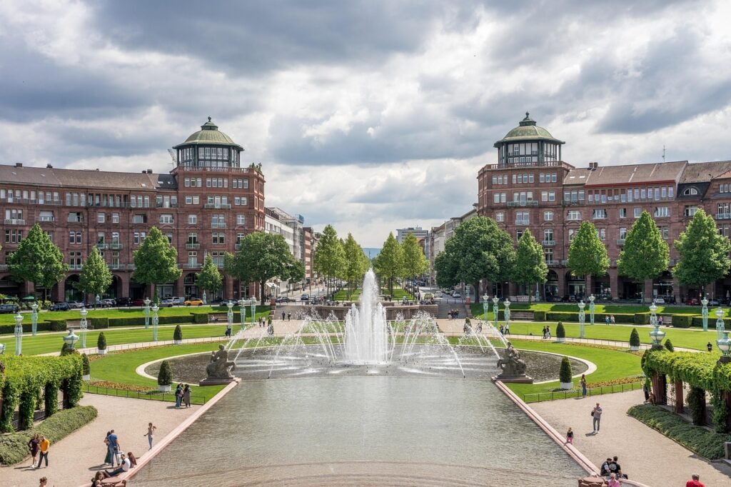 mannheim, fountain, park, germany, baden-wuerttemberg, baden württemberg, city trip, tourism, city, buildings