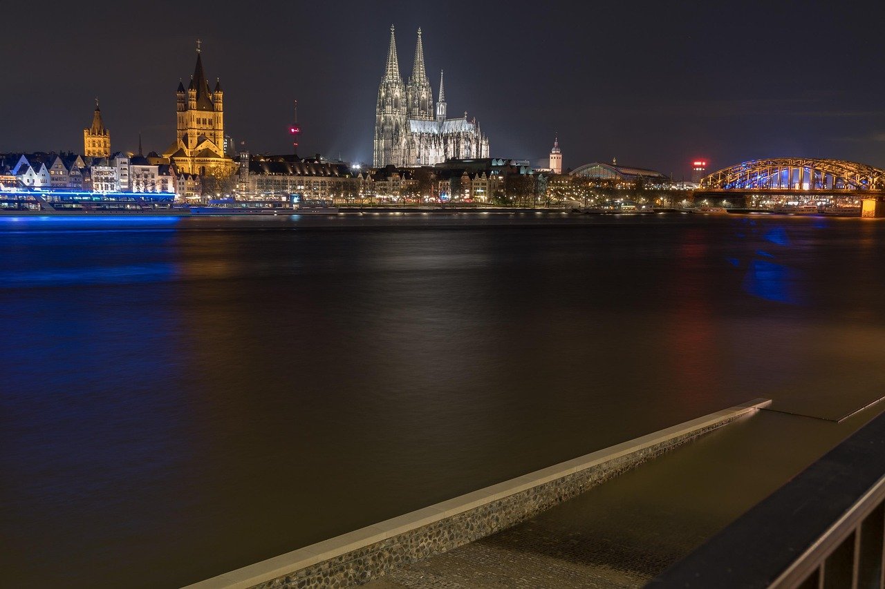 gewässer, fluss, reise, panorama, abenddämmerung, rhein, hochwasser, köln, cologne, dom, cathedrale, abendstimmung, abendhimm