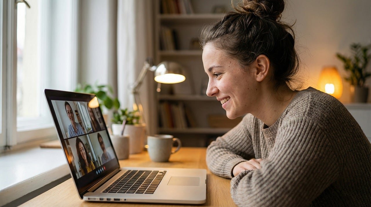 videoanruf, heimarbeit, online-meeting, von zuhause aus arbeiten, frau, laptop, virtuelles treffen, heimbüro, lächelnd, kommu