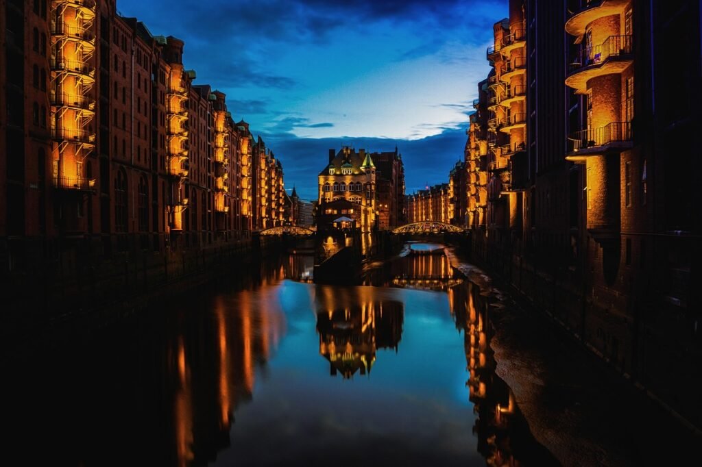 buildings, waterways, illuminated, water reflection, night photography, hamburg, city, night, evening, river, reflection, ger