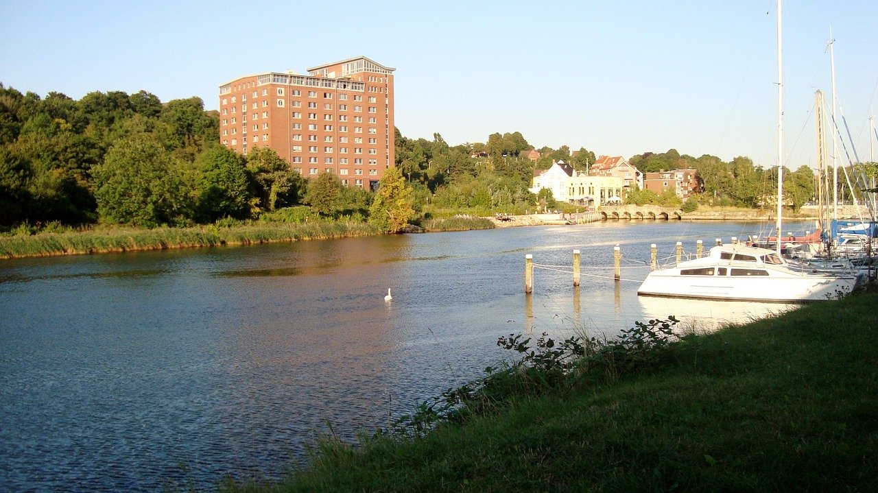 water, boat, river, grass, building, forrest, nature, kiel, germany