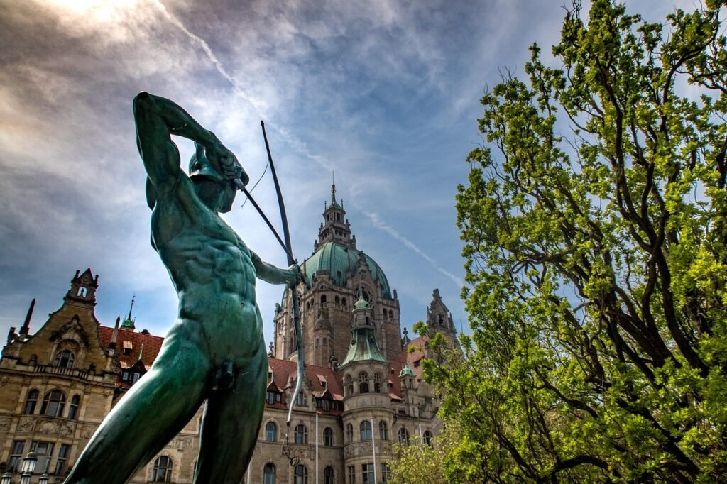 hanover, town hall, archer, statue, sculpture, architecture, city, building, historically, germany, archer, archer, archer, a
