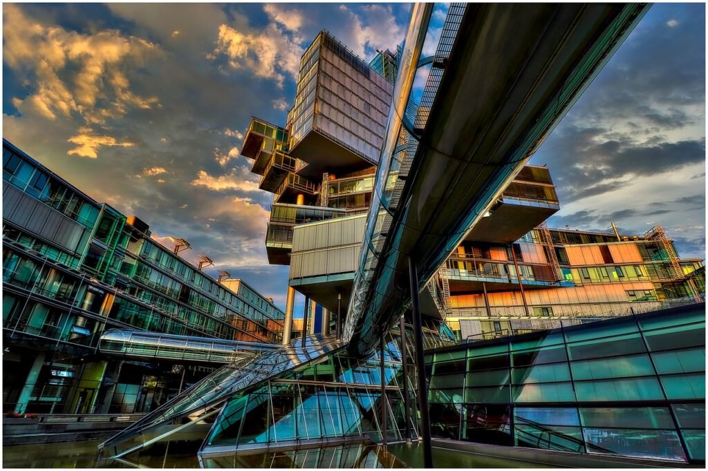 bank, architektur, gebäude, stadt, wolkenkratzer, skyline, brücke, reflexion, natur, spiegelung, froschperspektive, panorama,