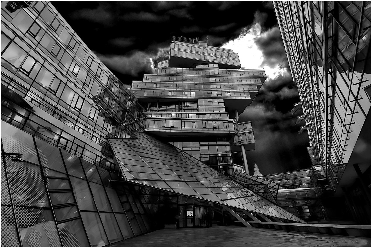 gebäude, architektur, stadt, fenster, nacht, design, fassade, city, glas, perspektive, modern, schwarz, weiß, bau, futuristis